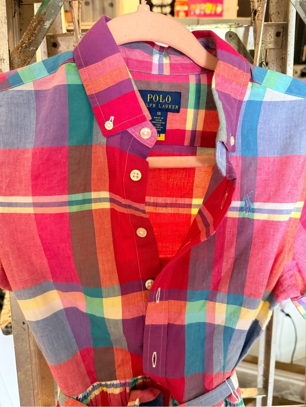 Ralph Lauren Girls Multicolor Plaid Button-Front Shirt Dress sz 14